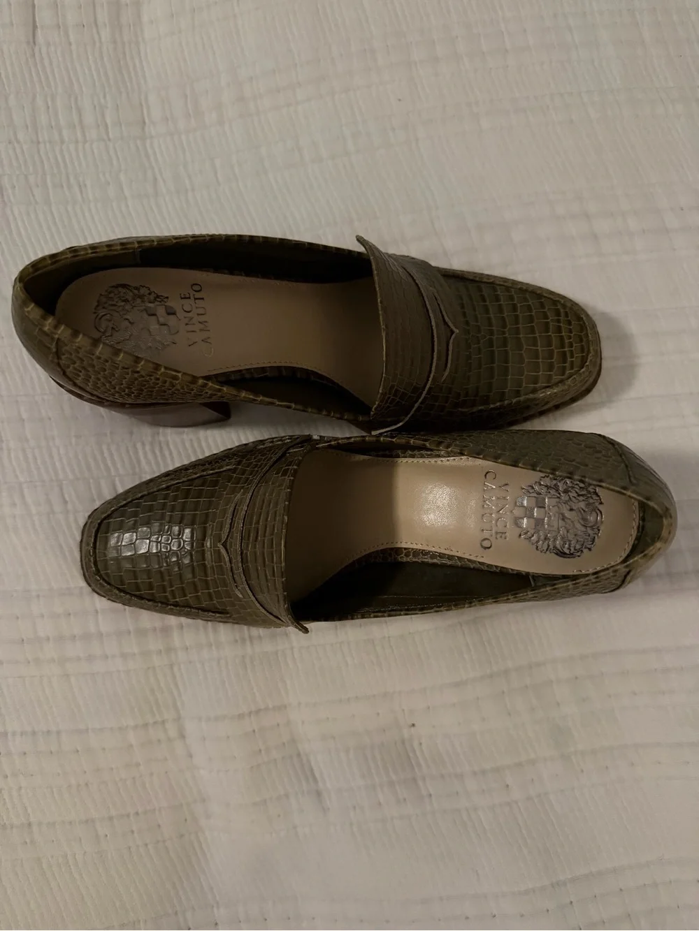 Vince Camuto Olive Croc-Embossed Leather Heeled Loafers